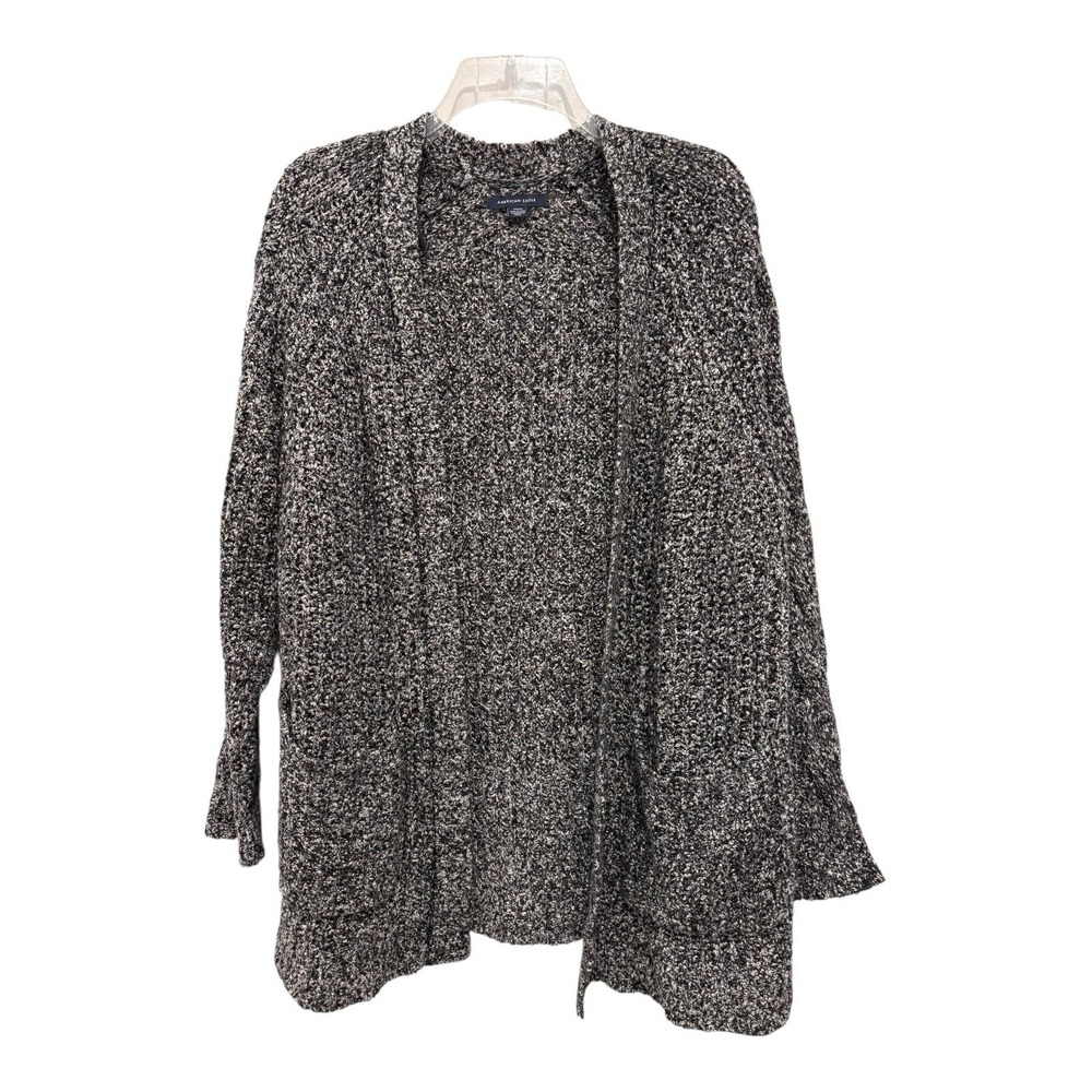 American Eagle Cardigan M Soft Marled Boucle Open Front Sweater Black White